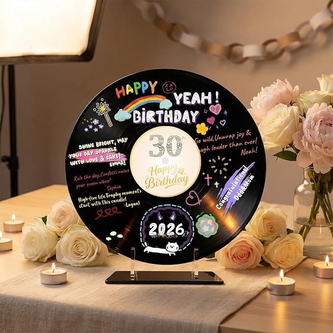 ReeGii Vinyl Record Guest Book for Birthday Decorations - Large 11.6"x11.6" Birthday Party Sign Poster with 12 Pens,Unique Keepsake Gift for Friends and Family