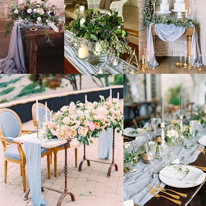 Fivenl 12 Pack Chiffon Table Runner - 12 x 120 Inches Sheer, Romantic, Wedding & Party Decoration (Dusty Blue)
