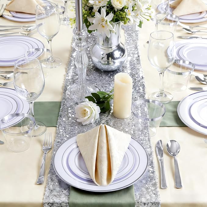 GATHER 350PCS Silver Plastic Plates - White and Silver Disposable Plates for 50 Guests Includes 100 Plate, 50 Napkins, 150 Silvery Cutlery and 50 Cups for Party & Wedding