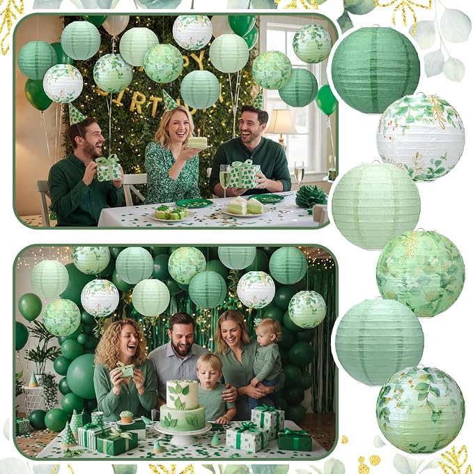 Panelee 12 Pcs Sage Green Eucalyptus Leaf Party Decorations Paper Lanterns 8 Inch Hanging Round Paper Party Decorations for Holiday Indoor Outdoor Supplies