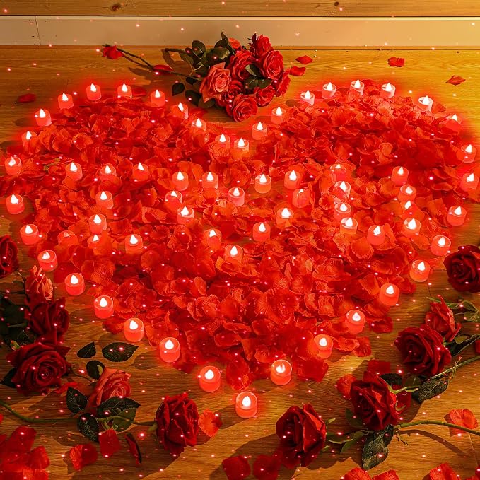 Hanaive 8000 Pcs Artificial Rose Petals with 120 Pcs Flameless LED Tea Light Candles Set Romantic Special Night Decorations for Proposal Anniversary Wedding Party Decor(Red)