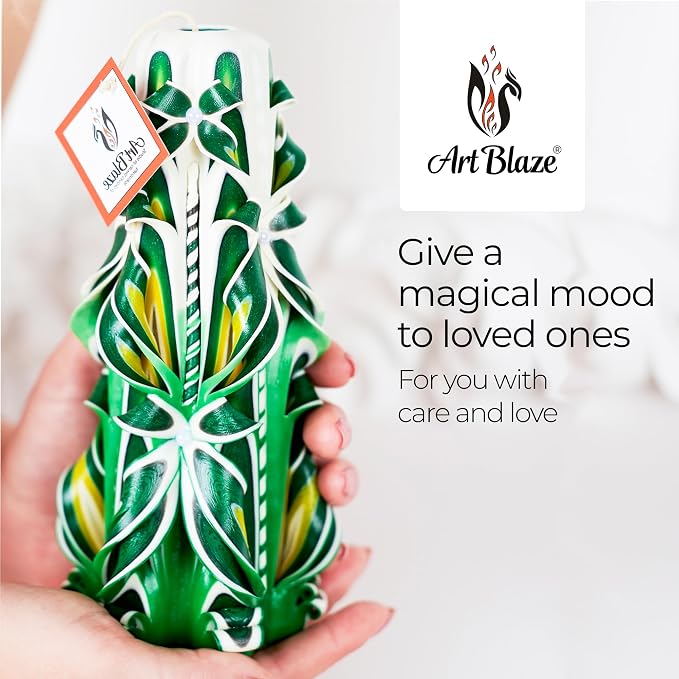 Carved Candles - Handmade Long Burning Decorative Luxury Candles - Unscented - Perfect for Home Decor, Birthdays, Romantic Occasions, Gifts for Women, Christmas Gift for Mom - Big Green
