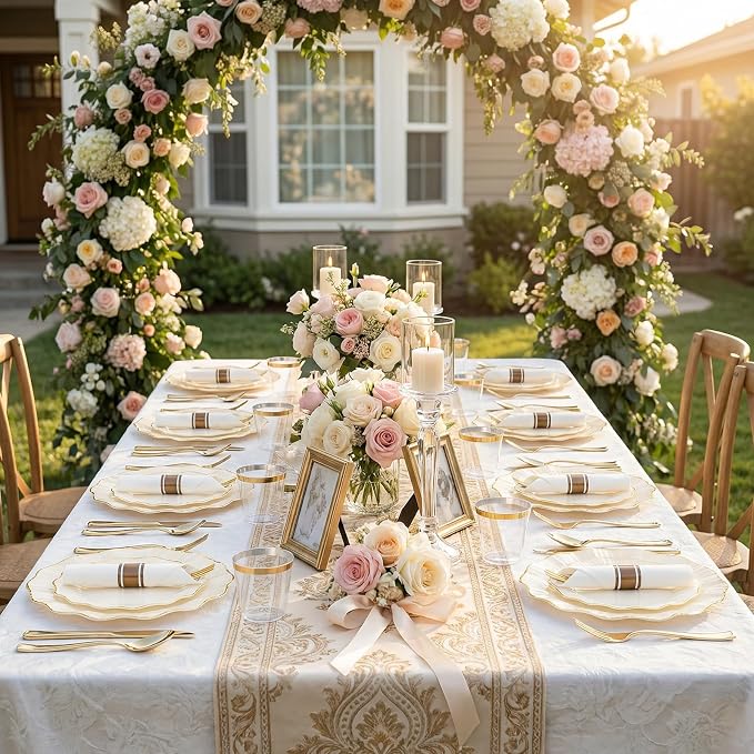 U-QE 175PCS Ivory Gold Plastic Plates - Disposable Dinnerware Set for 50 Guests - Ivory and Gold Plates and Napkins Party Supplies include 50 Plates, 25 Per Rolled Napkins with Gold Cutlery, 25 Cups
