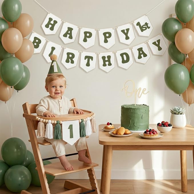 THAWAY 1st Birthday Decorations Boy, White Green First Birthday Becorations for Boy with Banner, Tassel Wood Bead High Chair Banner, Hat and Wood Cake Topper for One Year Old Party Decor