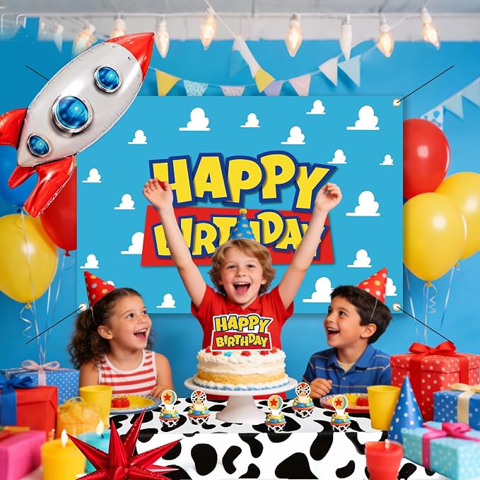 Cowboy and Space Birthday Decorations for Boys, Cartoon Theme Party Supplies with Cloud Backdrop, Cow Print Tablecloth, Rocket Foil Balloon, Cake Toppers, Red Yellow Blue Balloon Arch Kit