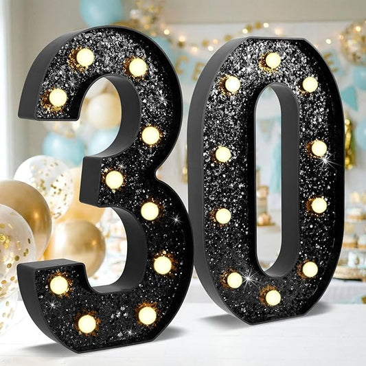 12.6 Inch LED Black Marquee Light Up Numbers, 30th Birthday Decorations Number Lights as Gifts for Women Men, Glitter Lighted Marquee Numbers for Black Anniversary Party Table Decor, 30