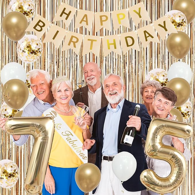 Trgowaul 75th Birthday Decorations for Women, Banner, Sash and Crown, Cake Topper, 75 Number Balloon, Fringe Curtains, Champagne Gold 75th Birthday Party Supplies