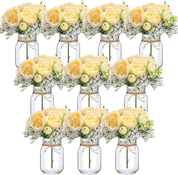 XunYee 10 Set Mason Jar Table Centerpiece with Flower Mason Jar Flower Centerpiece Vases Decor for Engagement Party Bridal Shower Wedding Reception Table Decor (Champagne,Peony, Gypsophila)