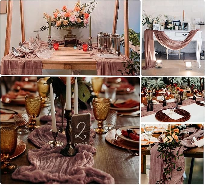 15 Pack Cheesecloth Table Runner 10Ft Cheese Cloth Table Runner 35 x120Inch Boho Gauze Table Runners Rustic Table Cover for Romantic Wedding Birthday Party Bridal Baby Shower Table Decor(Dusty Blush)