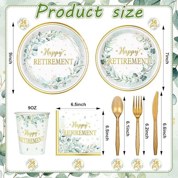 Yungyan 252 Pcs Sage Green Retirement Party Tableware Set Happy Retirement Plates Napkins Cups Forks Knives Spoons for Retired Party Decoration Favors 36 guests