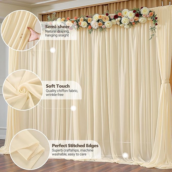 10ft x 10ft Champagne Backdrop Curtains, Wrinkle-Free Sheer Chiffon Fabric Photo Backdrop Drapes for Wedding Arch Party Ceremony Stage Photography Decorations
