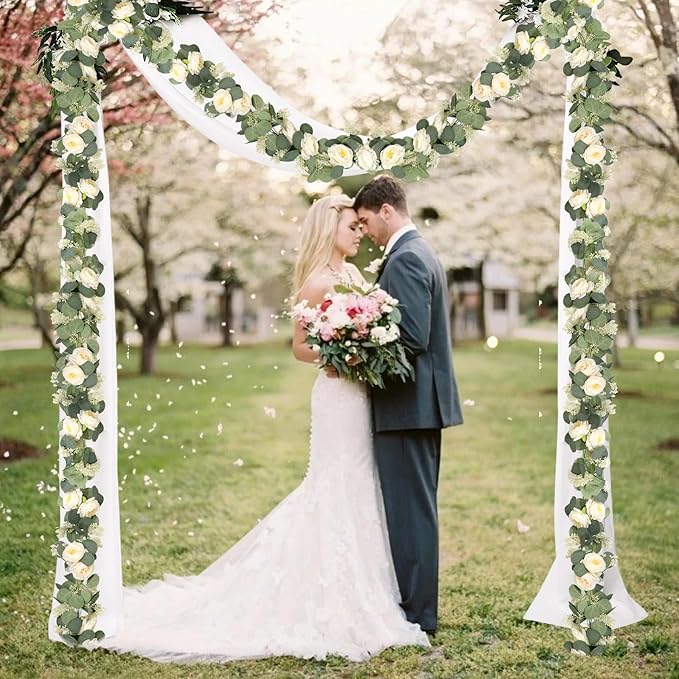 Zerzsy 13Ft Artificial Eucalyptus Garlands with Flowers, Artificial Champagne Rose Garland Vine Decor, Faux Floral Greenery Spring Garland Decorations for Table Home Wedding Mantle Party