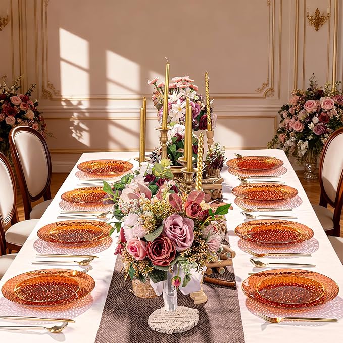 Rubtlamp 175 Pcs Plastic Dinnerware Set (25 Guests), Amber And Gold Plastic Plates, Hammered Party Plates Set Include Dinner Plates, Dessert Plates, Cups, Cutlery Set And Napkins for Wedding And Party