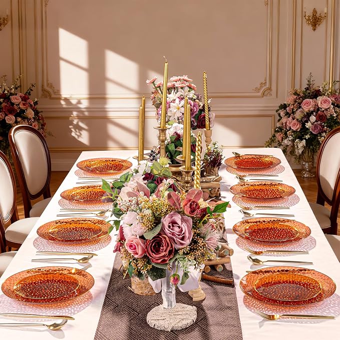 Rubtlamp 60Pcs Amber Plastic Plates - Brown Disposable Plates With Gold Rim, Clear Heavy-duty Party Plates, Hammered Plates Include 30 Dessert Platos, 30 Dinner Platos for Party