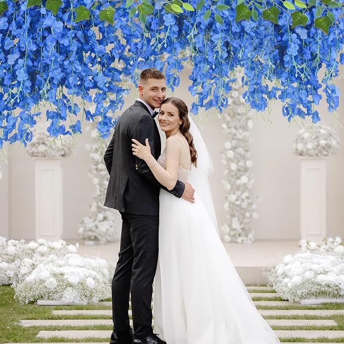 LELEE 25 Pcs Artificial Wisteria Hanging Flowers 3.6ft Royal Blue Fake Hanging Flowers Garland Silk Flowers Rattan String Faux Wisteria Vine for Wall Home Wedding Party Arch Greenery Backdrop Decor