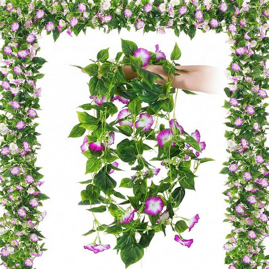Hotop 6 Pcs 7.55 Ft Artificial Morning Silk Glory Vines for Outdoor Fake Hanging Flowers Plants Faux Silk Morning Glory Flower Garland Long Vines for Wall Fence Indoor Wedding Banquet Decor(Purple)
