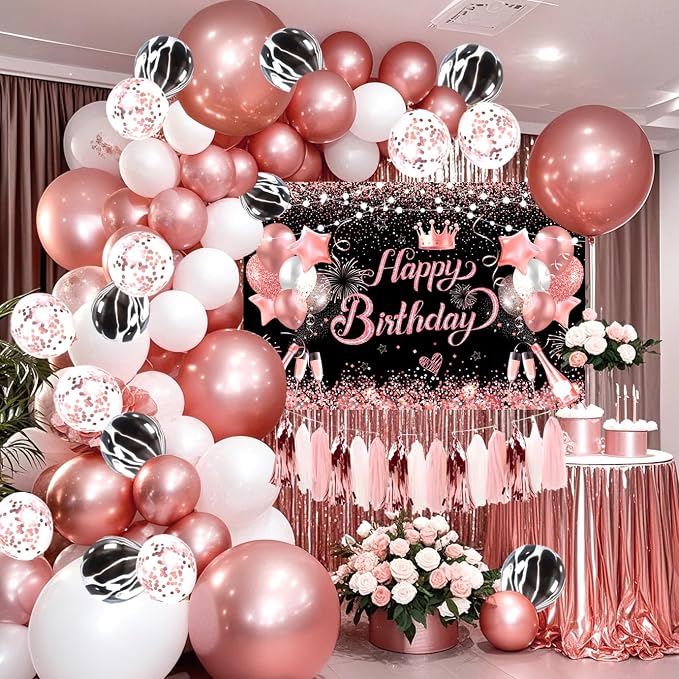 Rose Golden Happy Birthday Party Balloons Decorations Set, 80 PCS | with Photo Background Backdrop, Happy Birthday Sign Cloth, 3PCS 18inch Metal Pink Gold Balloons, Rose Gold Confetti Balloons