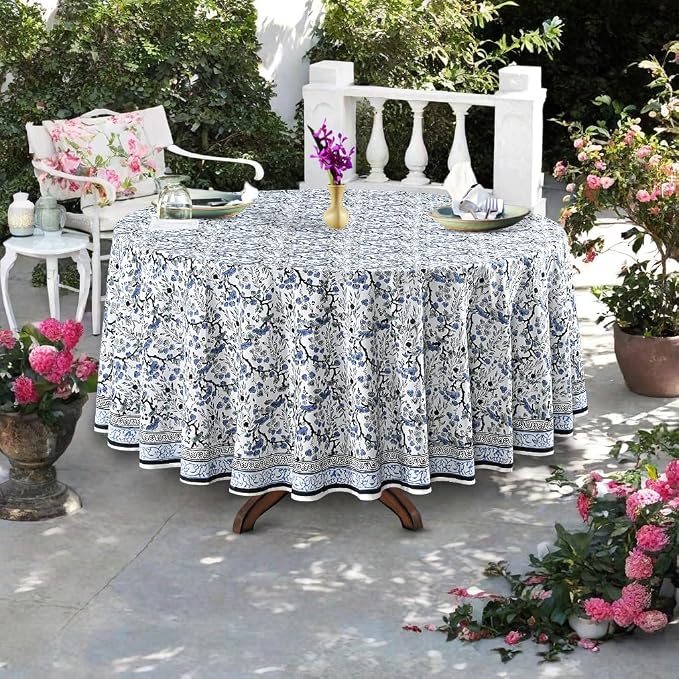 Ridhi Round Tablecloth Hand Block Print 100% Cotton Reusable Spruce Carolina Blue 60 Inch Table Cover Decorative Everyday Use for Dining, Home, Party, Wedding, Farmhouse Gift for Spring, Mother's Day