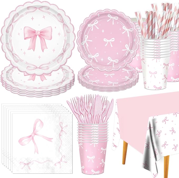 161PCs Pink Bow Party Supplies Pink Coquette Plates Napkins Cups Tablecloth Straws Forks Spoons Knives for Birthday Party Bachelorette Decor Bridal Engagement Coquette Party Supplies for 20 guests