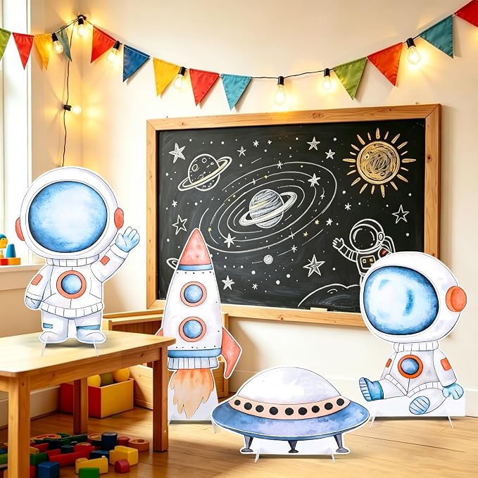 Large Space Themed Cardboard Cutouts - 4Pcs Astronaut Rocket Spacecraft Spaceship Yard Sign Set Outer Space Cardboard Stand Sign for Birthday Decorations Photo Booth Props