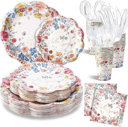 Havawish 350 Pcs Spring Mother Day Party Supplies Hello Spring Disposable Wildflower Plates and Napkins Tableware Sets Serves 50 Guests for Baby Shower Birthday Wedding Party Decorations