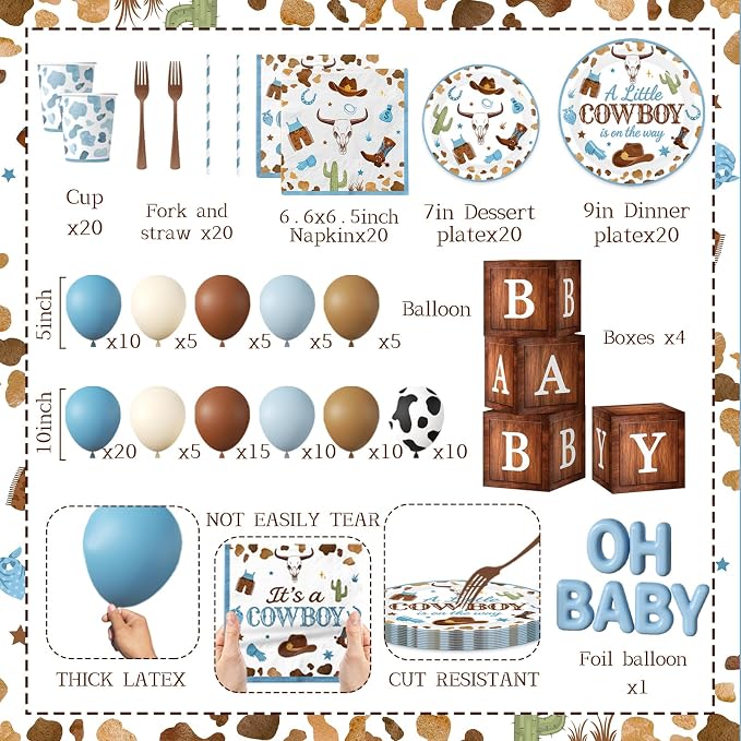 Cowboy Baby Shower Decorations for Boy, All-in-1 Retro Western Baby Shower Decorations with Balloon Arch Baby Boxes Plates Napkins Cake Toppers Tablecloth Backdrop Banner for Cowboy Rodeo Baby Shower