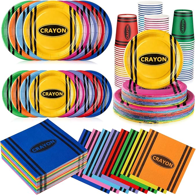 Pickmesh 250 Pcs Crayon Party Disposable Tableware Set Paper Plates and Napkins Cups Supplies Tea Party Theme Dinner Dinnerware for Birthday Bridal Baby Shower Wedding Decoration Serves 50