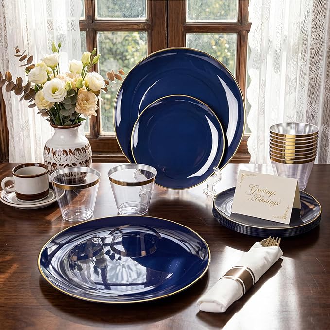 KIRE 175Pcs Blue Plastic Plates - Navy Blue Plates Disposable - 25 for Dinner 25 for Dessert 25 Pre Rolled Napkins with Gold Plastic Silverware and 25 Cups for Birthday/Wedding/Passover/Graduation