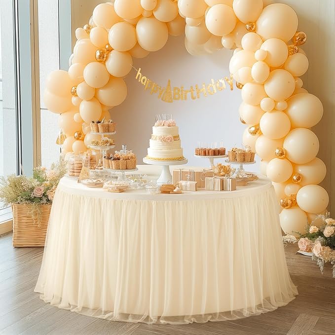 HB HBB MAGIC Champagne Round Tablecloth 48 inch Stretchy Elastic Fitted Round Table Cloth Cover 120 inch, Tulle Table Cloth with Skirt Wedding Birthday Party Cake Banquet Tables Decorations