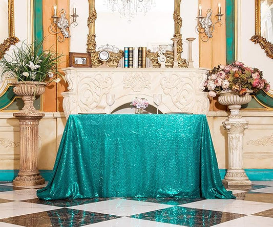 PartyDelight Sequin Tablecloth Teal Sparkly Rectangular Table Cloth Wedding Sweetheart Christmas 48"x72"