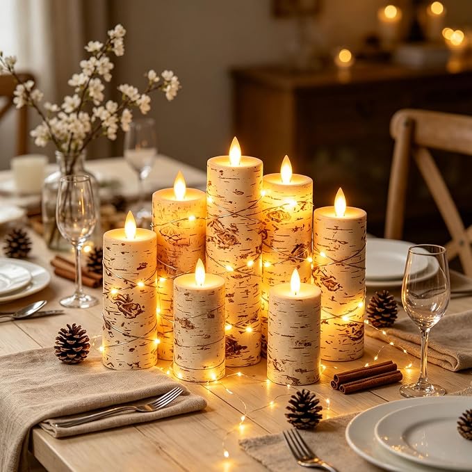 Da by 5 Pack Birch Bark Real Wax Flameless Taper Candles, Lifelike Flickering LED Candles with Copper String Lights, Battery Operated Candles with Remote for Farmhouse Wedding Home Decor