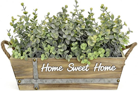 Artificial Eucalyptus Table Centerpiece in Wooden Box, Faux Greenery Arrangement with “Home Sweet Home” Sign, Jute Rope Handles, Farmhouse Rustic Home Décor