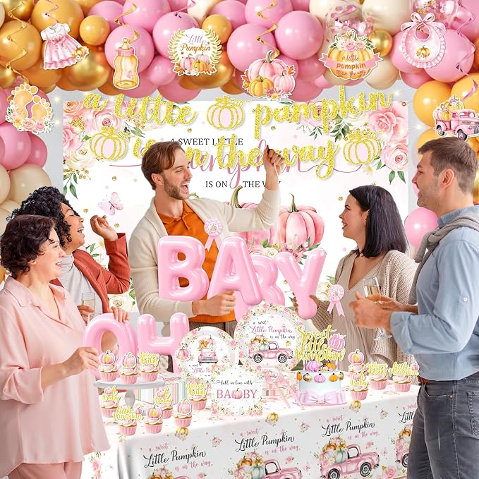 249pcs Little Pumpkin Baby Shower Decorations for Girl,A Sweet Little Pumpkin is On the Way Baby Shower,Pink Pumpkin Floral Balloons Plates Boxes Tablecloth for Fall Thanksgiving Autumn Party Decor