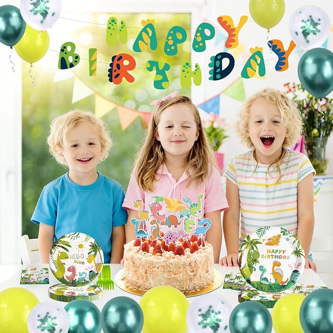 Dinosaur Birthday Decorations - 24 Guests Dino Party Decorations Set, Jurassic Dinosaur Birthday Party Supplies Kit for Kids 3 4 5 Years