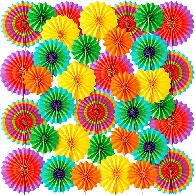 Sabary 36 Pcs Mexican Paper Fans Day of The Dead Party Decorations Cinco De Mayo Pom Poms Colorful Hanging Paper Fans for Fiesta Carnival Party Supplies Photo Prop