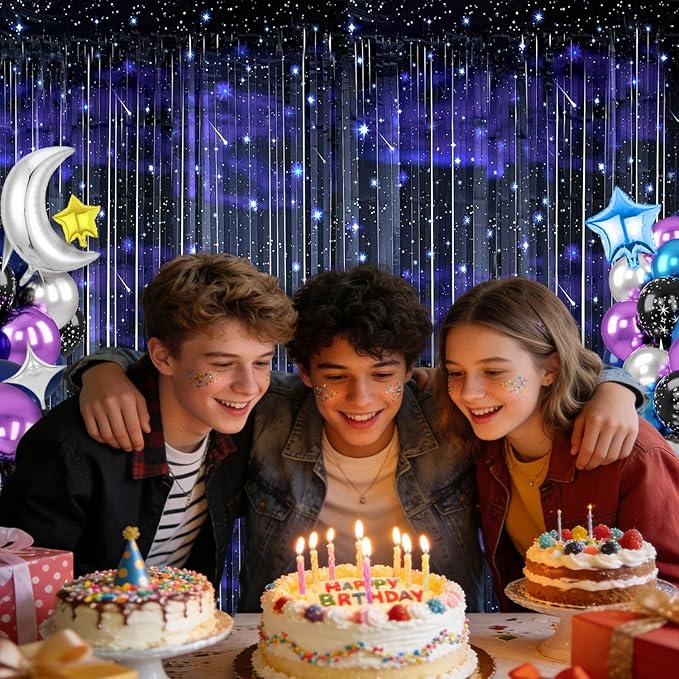 4 Pcs Galaxy Foil Curtains Backdrop for Space Themed Party Decorations, Iridescent Tinsel Curtains Blue Streamers for Space Astronaut, Music Theme Birthday Party Decorations