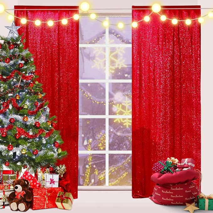 Poise3EHome Red Sequin Backdrop Curtain, 2 Panels 2Ft x 8Ft Glitter Photography Back Drop for Wedding Birthday Christmas Valentines Day Carnival Party Decorations