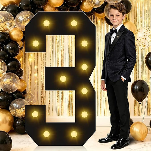 4FT Marquee Light Up Numbers, Black Giant Marquee Number 3, Pre-Cut Foam Board Set Can Be Used for Birthdays,Weddings,Party Anniversaries