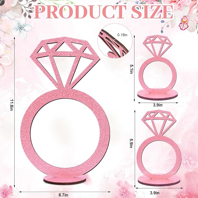 3 PCS Bridal Shower Centerpieces for Tables Diamond Ring Sign Table Centerpieces Pink Glitter Wooden Diamond Ring Sign Decor for Wedding Anniversary Supplies Batcholette Engagement Party
