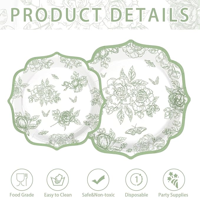 200Pcs Sage Green Party Decoration Green White Scalloped Plates and Napkins Vintage Floral Chinoiserie Disposable Tableware Set for Wedding Baby Shower Birthday Party Supplies Serves 50