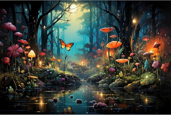 Fantasy Stream Backdrop Night Magical Forest Mushroom Tranquil Stream Photography Background Rainforest Jungle Tree Natural Landscape Backdrop Decors Luminous Mushroom Background Props 9x6ft