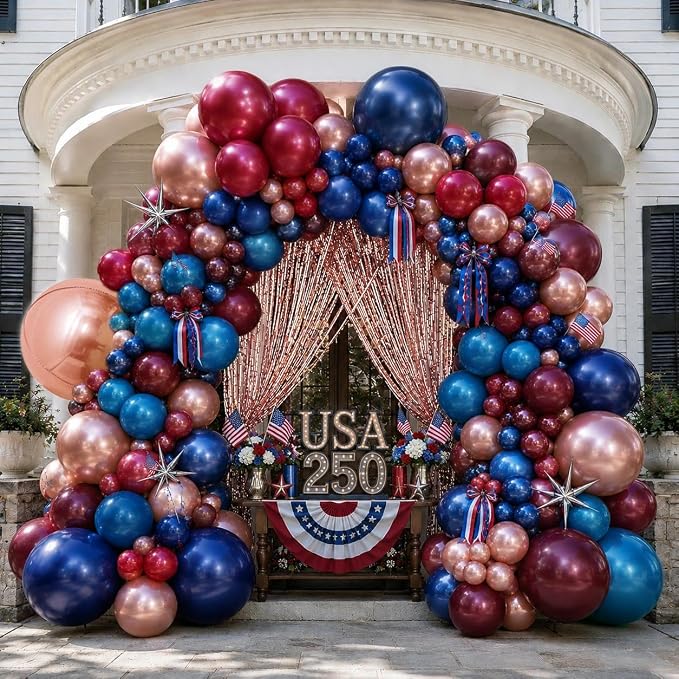 Red Blue Balloon Garland, Double Stuffed Navy Blue Dark Burgundy Balloon Arch Kit Rose Gold Fringe Curtains for Birthday Graduation Patriotic Father's Day Prom Party Decoration