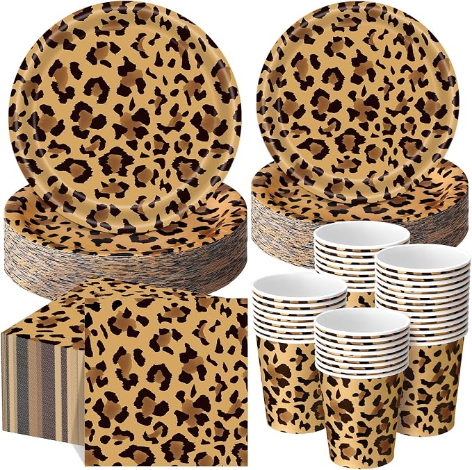 Funnymoom 250 Pcs Leopard Print Plates Napkins and Cups Cheetah Print Party Decoration Tableware Safari Animal Leopard for Birthday Baby Shower Party Favors Jungle Theme Supplies Serve 50 Guests