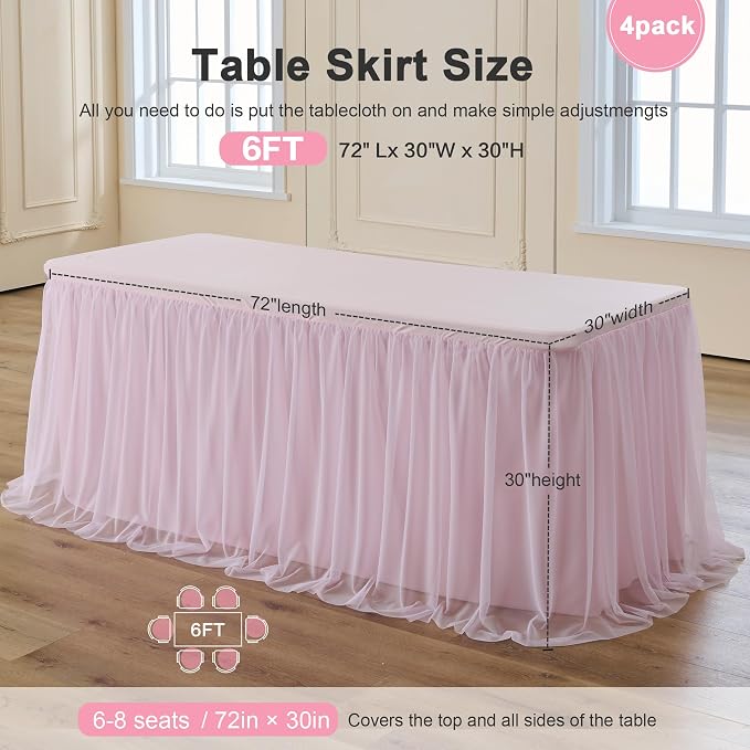 familus Pink Table Cloths 6 Foot Rectangle 4 Pack Stretch Ruffle Tulle Tablecloth Spandex Fitted Table Cover for 6 Foot Tulle Table Skirts for Party Wedding Table Cloths, Banquets