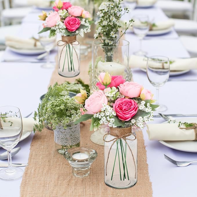 Zeyune 6 Sets Mason Jar Table Centerpiece with Artificial Peony Baby's Breath Flower Centerpieces Faux Flowers with Rope for Wedding Reception Engagement Bridal Shower Rustic Table Decor(Pink)
