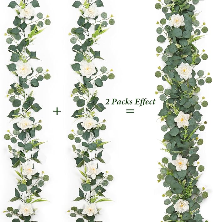 4PCS Flower Garland 6.2FT Artificial Rose Flowers Garland Wall Vines Greenery White Roses Eucalyptus Garlands for Wedding Table Runner Arches Backdrop Party Centerpiece Decor (White Rose, 4PCS)
