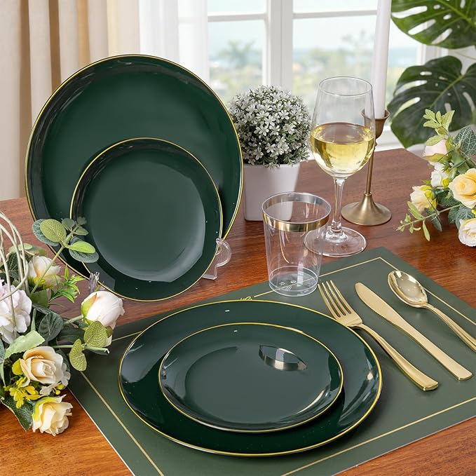 KIRE 175PCS Green Plastic Plates with Gold Rim - Heavy Duty Green Plates Disposable Include 50 Fancy Plastic Plate, 25Pre Rolled Napkins 25 Cups For Party/Wedding/Spring
