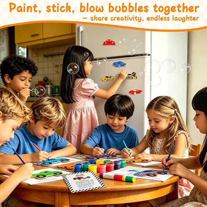 HandTool Race Car Party Favors,24 PCS DIY Wooden Car Painting Crafts Kit for Kids with Paints&Magnets,Bubble Wands,DIY Cards and Gift Bags,Birthday Supplies for Kids Classroom Rewards Gifts Bulk