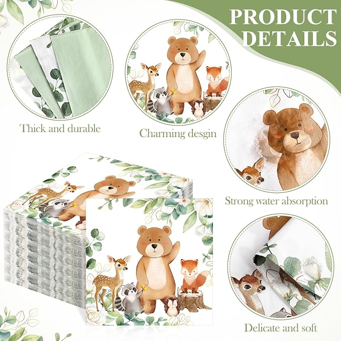 Funnymoom 200 Pcs Woodland Baby Shower Party Supplies Kit Safari Animals Disposable Paper Dinner Dessert Plates Napkins for Birthday Baby Bridal Shower Wedding Party 50 Guests