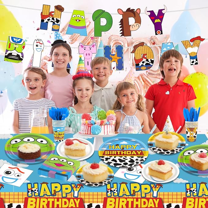 182pcs Toy Theme Party Supplies Include Cloud Plates Napkins Cups Banner Tablecloth Disposable Paper Tableware Set for Toy Birthday Party Decorations,Serve 30 Guests